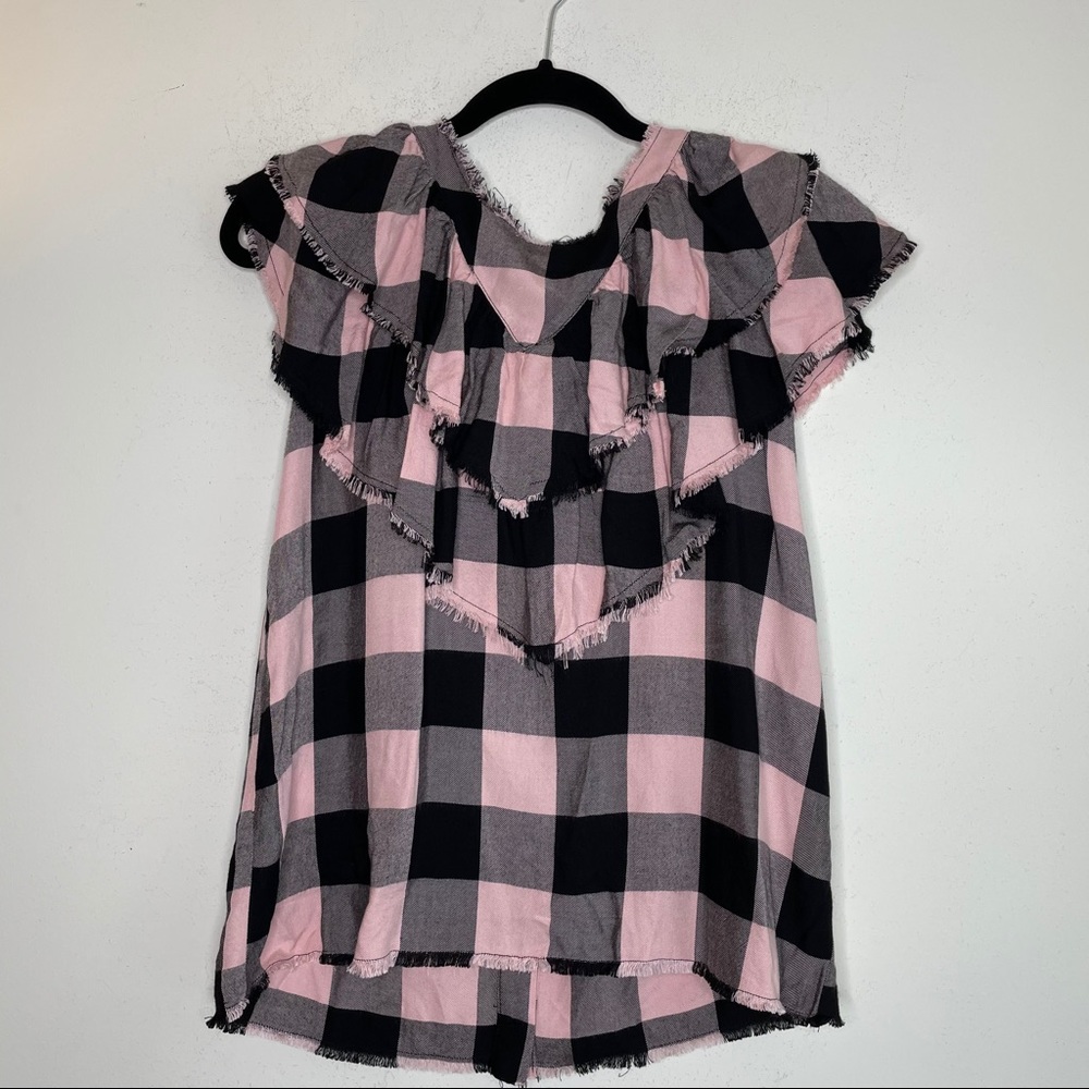 Zara Black & Pink Buffalo Plaid Ruffle Blouse- NWT
